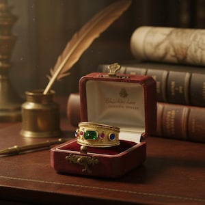 Peut inclure: Une bague en or avec une pierre centrale émeraude, flanquée de rubis et de saphirs, présentée dans un écrin en velours rouge. La bague a une bande texturée, sur fond de livres et d'instruments d'écriture.