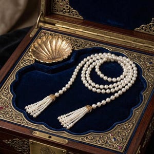 Puede incluir: Un collar largo de perlas blancas con dos borlas a juego en los extremos, cada una rematada con un adorno de metal dorado. El collar está enrollado dentro de una caja de madera oscura forrada en terciopelo azul con detalles en metal dorado.