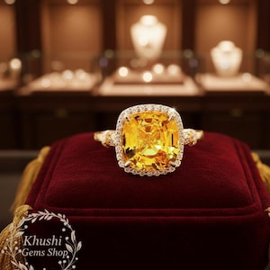 Kissenschliff Citrin Ring, 14K Gelbgold Diamant Halo, November Geburtsstein