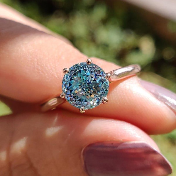 2 Carat Portuguese cut Blue Moissanite Engagement Ring, Solitaire Wedding Ring, Six Petal Prong, Customize Engagement Ring, Anniversary Gift
