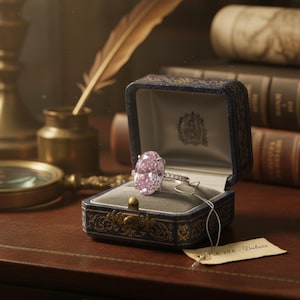 Op de afbeelding: Een roze ovaal geslepen diamanten ring in een blauwe fluwelen sieradendoos. De ring heeft een zilveren band met kleinere accentstenen. Een label met de naam "Dubois" hangt aan de doos. De scène speelt zich af op een houten oppervlak.