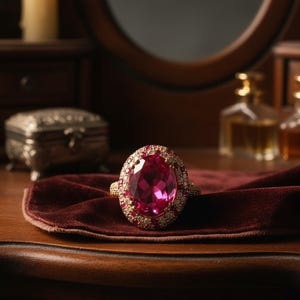 Peut inclure: Une bague en or ornée d'une grosse pierre rose ovale, entourée de petites pierres blanches et rouges. La bague repose sur un tissu de velours rouge foncé, avec une boîte à bijoux et des flacons de parfum en arrière-plan.