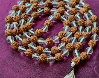 Sphatik (crystal) and Rudraksh mala, 108 + 1 beads, for emotional balance and cooling