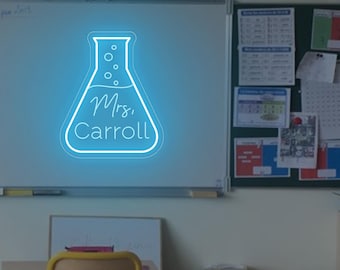 Letrero de neón personalizado con el nombre del profesor de ciencias, decoración de pared para el aula de ciencias, regalo para profesor de ciencias (incluido un vaso de precipitados), regalo de Navidad para profesores de química.