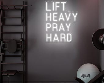 Lift Heavy Pray Hard Neon Sign, Fitness Wall Quote, Physical Therapy Decor, Motivational Gym Quote Sign,Jesus Lover Sign,Christian Gym Decor