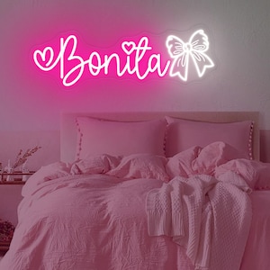 Custom Bow Name Neon Sign, Pink Bow Neon Sign, Pink Wall Art, Girl's Room Decor, Kids Room Decor, Bow Name Decor, Bedroom Decor