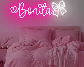 Custom Bow Name Neon Sign, Pink Bow Neon Sign, Pink Wall Art, Girl's Room Decor, Kids Room Decor, Bow Name Decor, Bedroom Decor