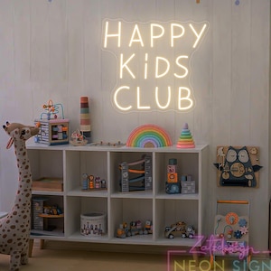 Letrero de neón "Happy Kids Club", decoración para habitación infantil, letreros para sala de juegos de niño/niña, decoración de pared para aula, arte para leer libros, letrero para habitación infantil, regalo de Navidad