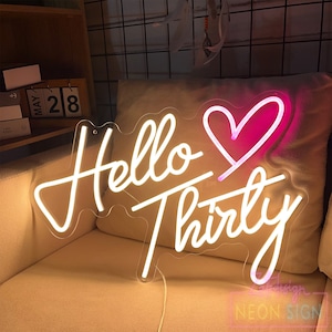 Sinal de néon personalizado, olá trinta e 30 anos, luz neon led, decoração de parede de sala de festa, presente de aniversário feito à mão