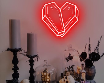 Letrero de neón de corazón de ataúd, letrero de neón de Halloween, letrero con luz USB, arte de pared oscuro, regalo para amantes góticos, decoración de habitación gótica, arte de pared oscuro, decoración de Halloween