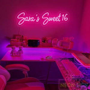Placa de neon de mesa personalizada para festa de 16 anos, decoração de festa de aniversário, luz LED para placa de nome de 16 anos, presente de aniversário personalizado e inquieto para crianças, arte de placa