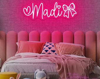 Custom Bow Neon Sign for Kids, Pink Bow LED Name Neon Light, Girls Room Sign, Nursery Dorm Decor Home Wall Decor, Birthday Christmas Gifts