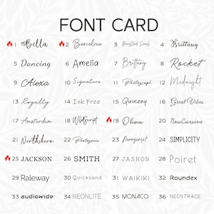 May include: A white font card displaying 36 different font styles, each with a unique name and number. The fonts vary in style, from elegant cursive to bold sans-serif. The text "FONT CARD" is at the top.