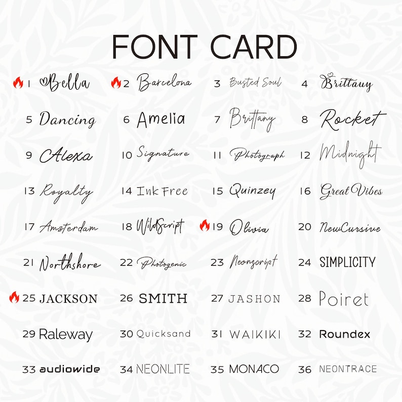 May include: A white font card displaying 36 different font styles, each with a unique name and number. The fonts vary in style, from elegant cursive to bold sans-serif. The text "FONT CARD" is at the top.