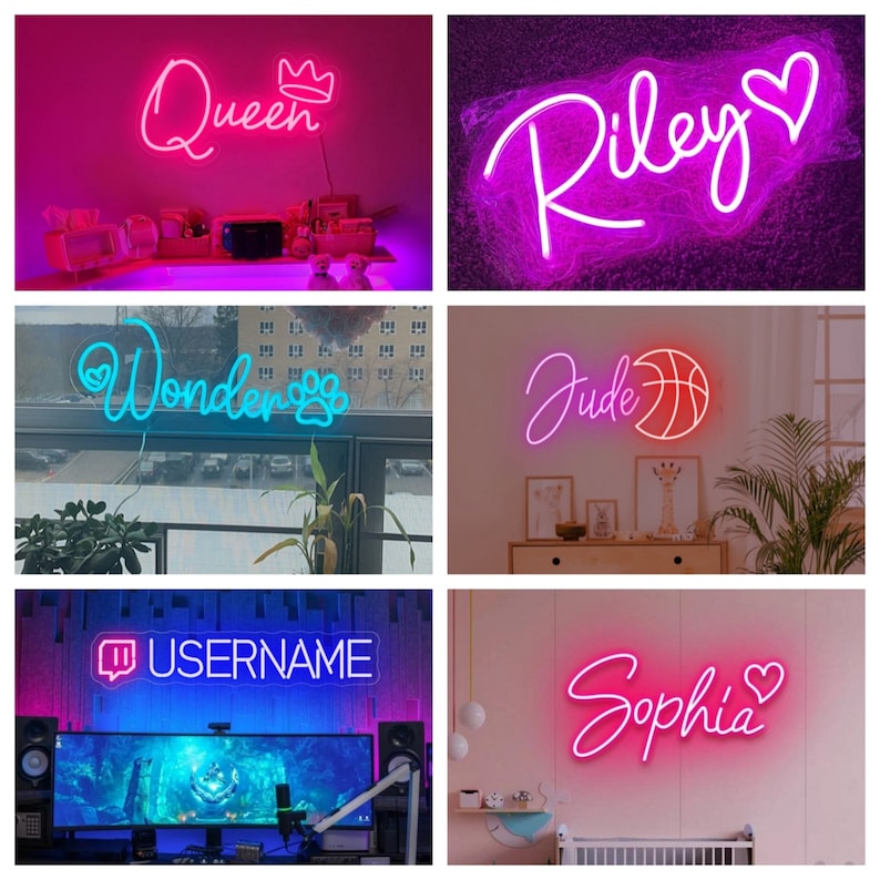 May include: A selection of neon signs in different colours. The signs show the words "Queen" with a crown, "Riley" with a heart, "Wonder" with a paw print, "Jude" with a basketball, "USERNAME" with a chat bubble, and "Sophia" with a heart.