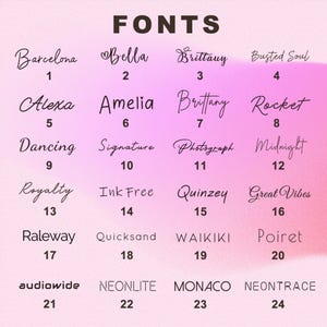 May include: A pink gradient background displays a list of 24 font styles. The word "FONTS" is at the top. Each font is shown with its name and a corresponding number. Font styles include "Barcelona", "Bella", "Brittany", and "Busted Soul".