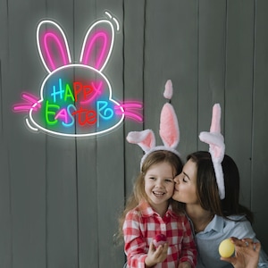 Placa de neon de feliz páscoa, luz led de páscoa, placas de festa de páscoa, coelho fofo, decoração de parede para casa, quarto, presente personalizado para páscoa