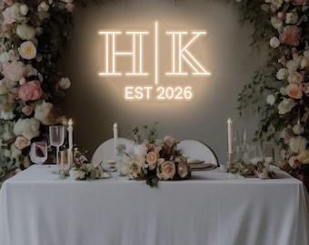 Custom Wedding Initial Neon Sign, Couple initials with Est Year, Modern wedding Backdrop, Engagement Party Sign, Modern LED Engagement Decor