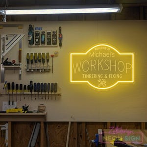 Placa de neon personalizada para oficina, placa de conserto, placa iluminada para galpão, presentes para cavernas, decoração de oficina, arte de parede para oficina, decoração de garagem