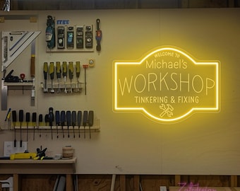Letrero de neón de taller personalizado, letrero de reparación de objetos, letrero iluminado para cobertizo, regalos para la cueva del hombre, decoración de taller, arte mural de taller, decoración de garaje