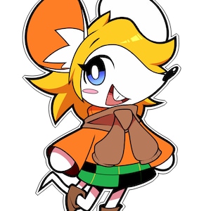 May include: A cartoon illustration of a white mouse with orange and brown fur wearing a green and orange outfit and a brown scarf. The mouse has large blue eyes and a big smile.