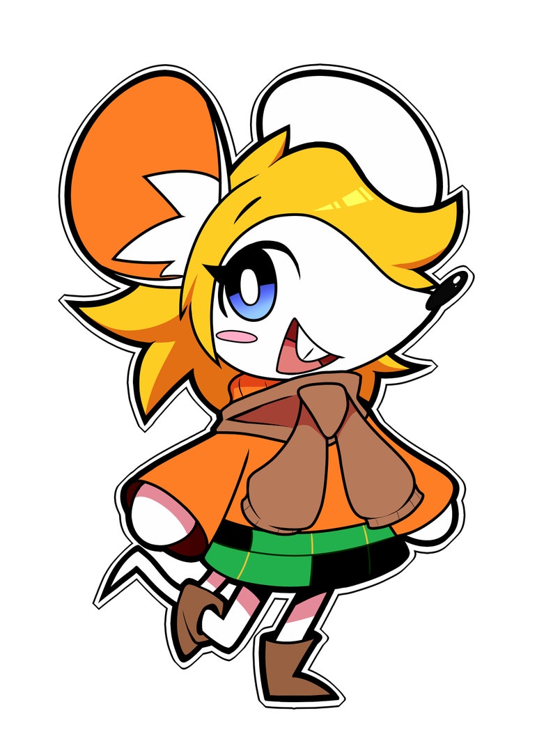 May include: A cartoon illustration of a white mouse with orange and brown fur wearing a green and orange outfit and a brown scarf. The mouse has large blue eyes and a big smile.