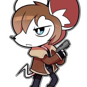 May include: A cartoon mouse with brown hair, wearing a brown jacket, blue jeans, and black boots, holding a gun. The mouse has a white face with blue eyes and a red ear.