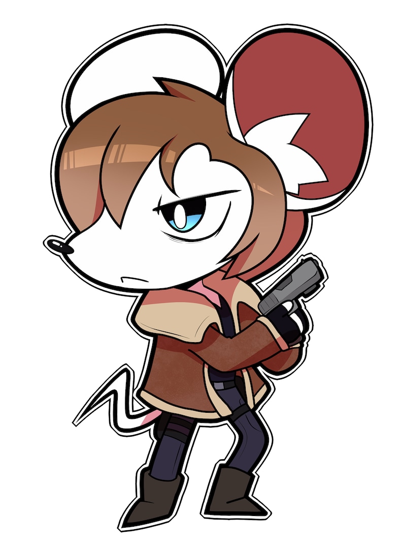 May include: A cartoon mouse with brown hair, wearing a brown jacket, blue jeans, and black boots, holding a gun. The mouse has a white face with blue eyes and a red ear.