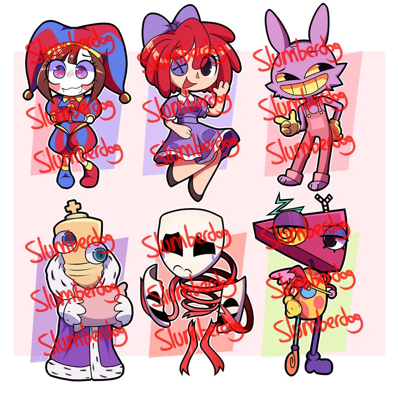 May include: Six colorful cartoon characters with different expressions and outfits. The characters are drawn in a simple, stylized manner and have large eyes and mouths. The characters are all standing on a pink background.