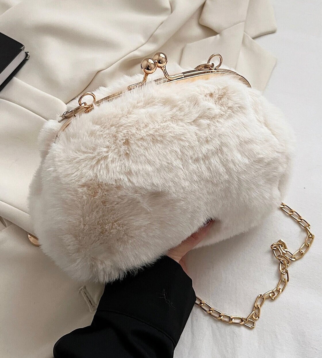 Gets Cute Stylish Leopard Plush Clutch Bag with Chain Small Fuzzy