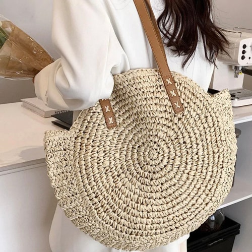 Round Straw Beach Bag Shoulder Summer Bag Holiday Bag Large - Etsy UK