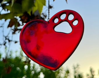 Glazen hart met poot, kat & hond, rode zonnevanger voor ramen, tuin en balkon, decoratief gesmolten glas, raamafbeelding, lichtspel
