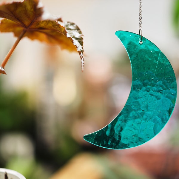 Suncatcher moon shaped, stained glass, emerald green, for indoor and outdoor decorations (wind chime, mobile)