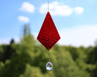 Sonnenfänger aus Glas & Regenbogenkristall, rubinrot/feuerrot, Dekoration für drinnen und draußen (Windspiel, Mobile)