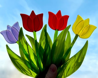 Tulipe en verre, décoration printanière, bouchon de fleur pour pot et parterre, fleurs en verre, décoration pour l'intérieur et l'extérieur (bouchon végétal)