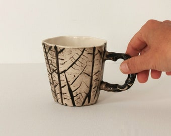 Leaf Mug | Stoneware Coffee Mug | Aesthetic Mug | Handmade Coffee, Tea Mug | Large Coffee Cup | Nature Lover's Cup | Ecofriendly Production