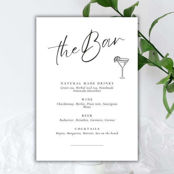 The bar menu template, white, modern, chic, natural made drinks, wine, beer, cocktails, downloadable, edit with Canva, printable, premade