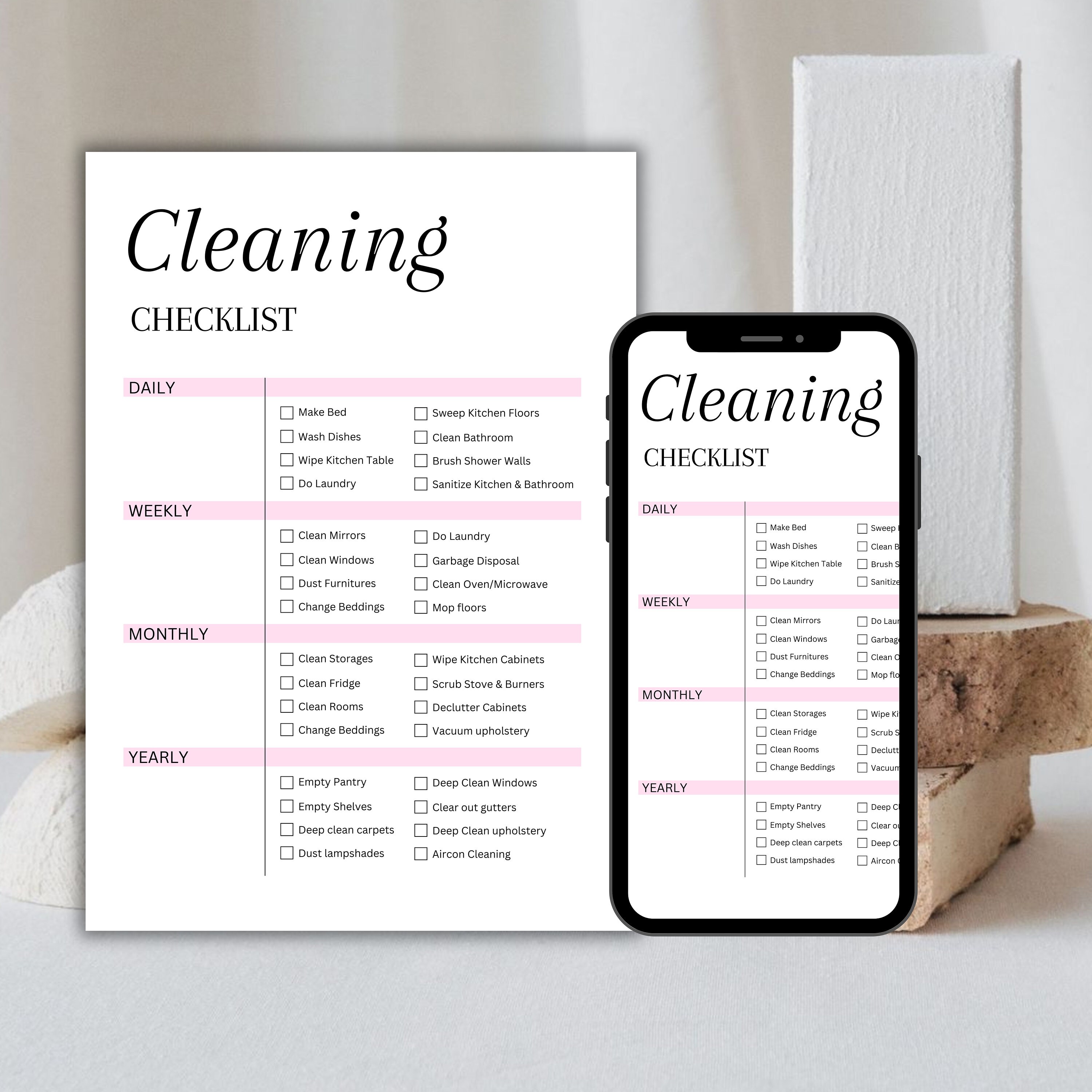 Cleaning Checklist: Daily, Weekly, Monthly, Yearly Routine, Pink, White ...