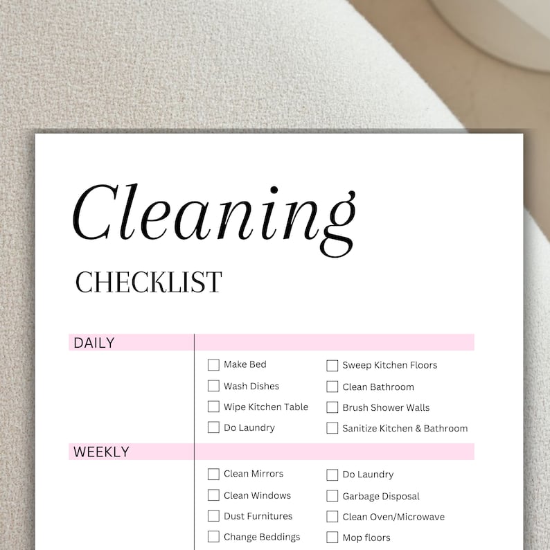 Cleaning Checklist: Daily, Weekly, Monthly, Yearly Routine, Pink, White ...