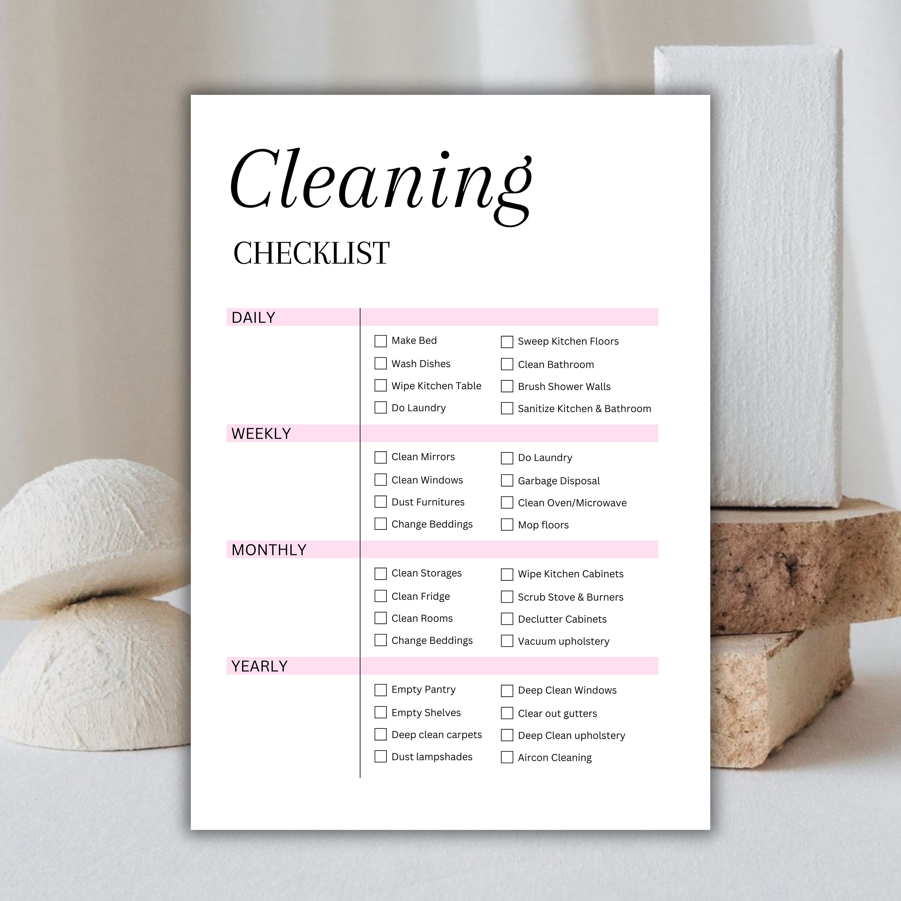 Cleaning Checklist: Daily, Weekly, Monthly, Yearly Routine, Pink, White ...