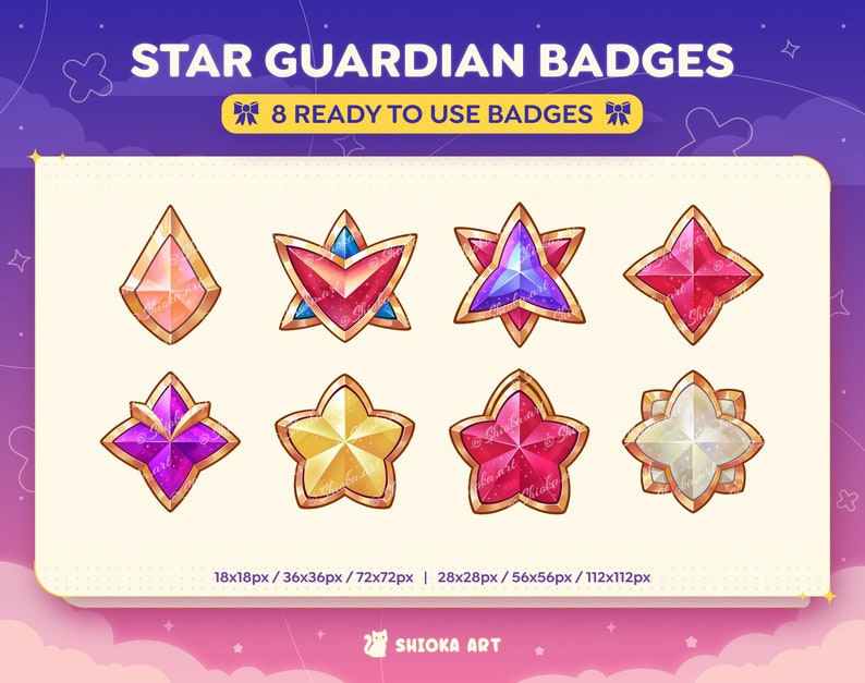 May include: Eight colourful star-shaped badges with gold borders. The badges are in different sizes and feature various gem-like designs. The text "STAR GUARDIAN BADGES" and "8 READY TO USE BADGES" is displayed above the badges.