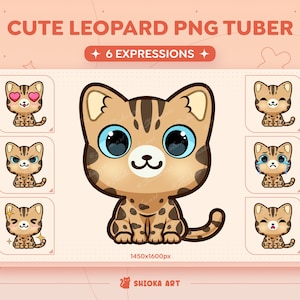 May include: A set of six digital illustrations of a cute cartoon leopard with different expressions. The leopard is brown with black spots and has big blue eyes. The expressions include heart eyes, angry, crying, blushing, and surprised. The illustrations are 1450x1600 pixels and are perfect for use as stickers, emojis, or avatars.