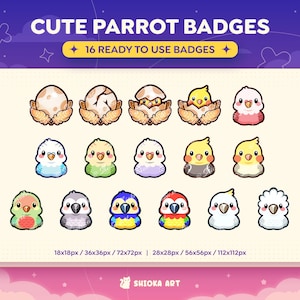 Puede incluir: Gráfico digital con 16 insignias de loros lindos en varios colores y diseños. Se muestra el texto "CUTE PARROT BADGES" y "16 READY TO USE BADGES". Las insignias tienen diferentes tamaños, desde 18x18px hasta 112x112px.