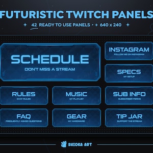 May include: A set of blue and white Twitch panels with futuristic designs. The panels include titles such as "Schedule", "Rules", "Music", "Sub Info", "FAQ", "Gear", "Tip Jar", "Instagram", and "Specs".