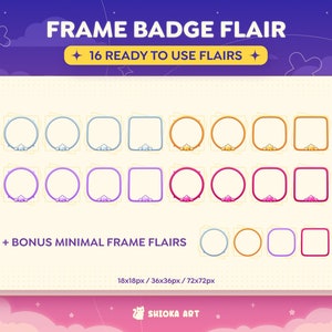 May include: A set of 16 digital badge frames in various colors and styles. The frames are in three sizes: 18x18 pixels, 36x36 pixels, and 72x72 pixels. The frames feature a variety of designs, including circles, squares, and diamonds. The frames are perfect for adding a touch of personality to your badges.