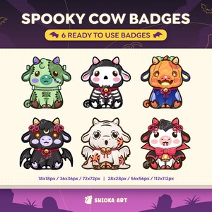 May include: Six Halloween-themed cow badges with different spooky designs. The badges feature a zombie cow, a skeleton cow, a pumpkin cow, a vampire cow, a ghost cow, and a devil cow. The badges are available in six sizes: 18x18px, 36x36px, 72x72px, 28x28px, 56x56px, and 112x112px.