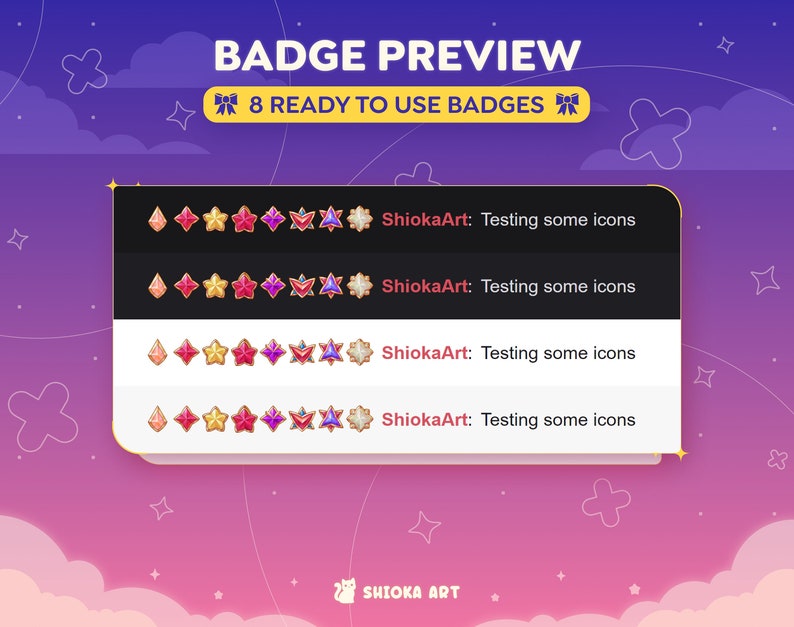 May include: Preview of eight different badges with a variety of colourful designs. Each badge features a diamond, stars, a heart, a flower, and a crown. The text "ShiokaArt: Testing some icons" appears below each badge.