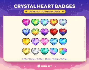 Crystal Heart Twitch, Youtube Sub & Bit Badges - x20 Loyalty Badges, Discord Roles, Cute Streamer Graphics