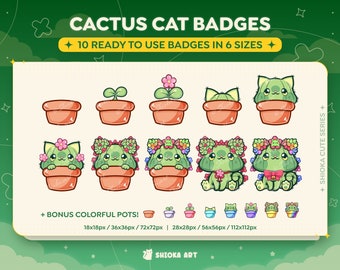 May include: A set of 10 cactus cat badges in 6 sizes. The badges feature cute cartoon cats with cactus plants on their heads. The badges are available in a variety of colors and designs. The set also includes bonus colorful pots in 6 sizes.