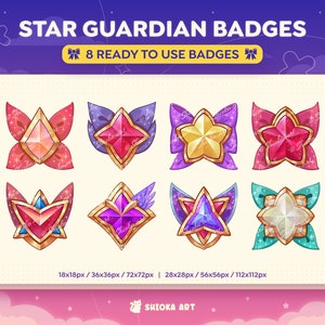 May include: Eight colourful star-shaped badges with gold trim and glitter accents. The badges are in various sizes, ranging from 18x18 pixels to 112x112 pixels. The text "STAR GUARDIAN BADGES" and "8 READY TO USE BADGES" is displayed above the badges.